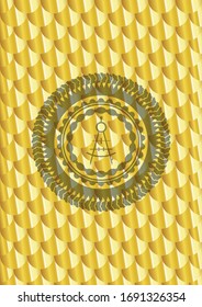 drawing compass icon inside gold shiny emblem. Scales pattern. Vector Illustration. Detailed.