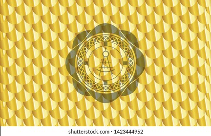 drawing compass icon inside golden badge. Scales pattern. Vector Illustration. Detailed.