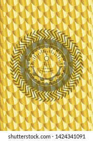 drawing compass icon inside golden badge. Scales pattern. Vector Illustration. Detailed.