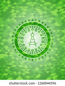 drawing compass icon inside green emblem. Mosaic background