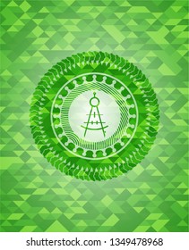 drawing compass icon inside green emblem with triangle mosaic background