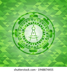 drawing compass icon inside green emblem with triangle mosaic background. 