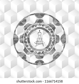 drawing compass icon inside grey emblem. Vintage with geometric cube white background