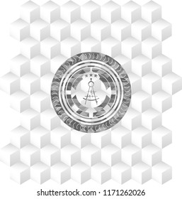 drawing compass icon inside grey badge with geometric cube white background