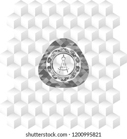 drawing compass icon inside grey icon or emblem with geometric cube white background