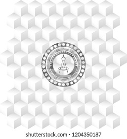 drawing compass icon inside grey emblem. Vintage with geometric cube white background