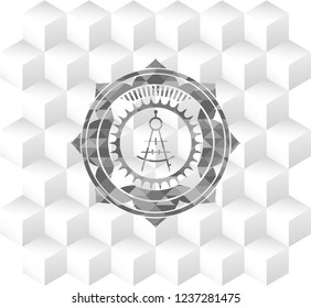 drawing compass icon inside grey emblem. Retro with geometric cube white background