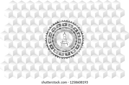 drawing compass icon inside grey icon or emblem with geometric cube white background