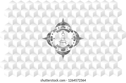 drawing compass icon inside grey badge with geometric cube white background