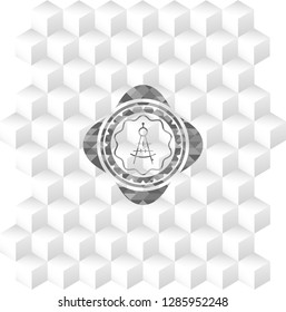 drawing compass icon inside grey emblem with cube white background