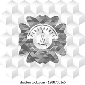 drawing compass icon inside grey badge with geometric cube white background