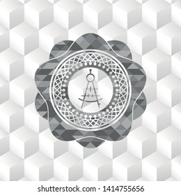 drawing compass icon inside grey emblem. Vintage with geometric cube white background