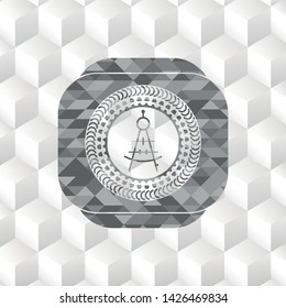drawing compass icon inside grey emblem. Vintage with geometric cube white background