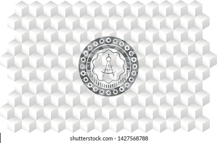 drawing compass icon inside grey badge with geometric cube white background