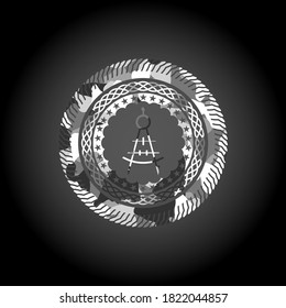 drawing compass icon inside grey camouflage emblem. 