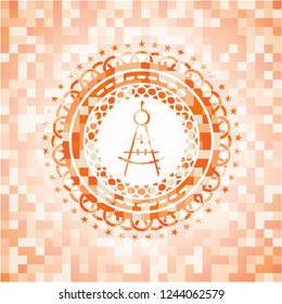 drawing compass icon inside orange tile background illustration. Square geometric mosaic seamless pattern with emblem inside.