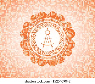 drawing compass icon inside orange tile background illustration. Square geometric mosaic seamless pattern with emblem inside.