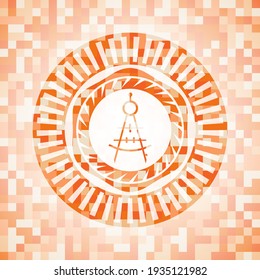 Kompasssymbol in orangefarbenen Fliesenhintergrund. Quadratisches geometrisches Mosaik nahtloses Muster mit Emblem im Inneren. 