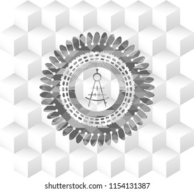 drawing compass icon inside realistic grey emblem with geometric cube white background