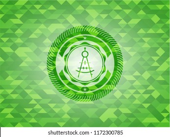 drawing compass icon inside realistic green mosaic emblem