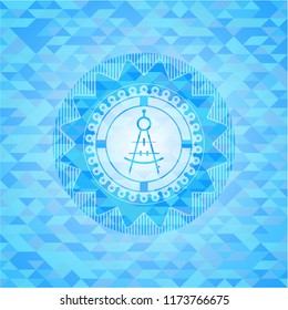 drawing compass icon inside realistic light blue mosaic emblem
