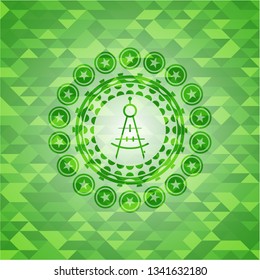 drawing compass icon inside realistic green emblem. Mosaic background