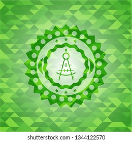 drawing compass icon inside realistic green emblem. Mosaic background
