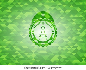 drawing compass icon inside realistic green emblem. Mosaic background
