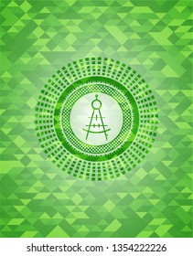 drawing compass icon inside realistic green emblem. Mosaic background