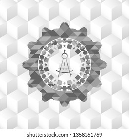 drawing compass icon inside realistic grey emblem with cube white background
