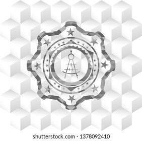 drawing compass icon inside realistic grey emblem with cube white background
