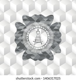 drawing compass icon inside realistic grey emblem with geometric cube white background