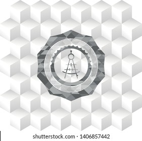 drawing compass icon inside realistic grey emblem with cube white background
