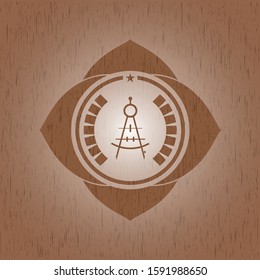 drawing compass icon inside realistic wooden emblem