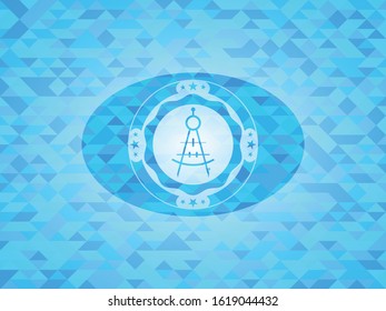 drawing compass icon inside realistic light blue emblem. Mosaic background