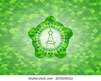 drawing compass icon inside realistic green emblem. Mosaic background. 
