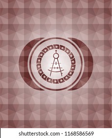 drawing compass icon inside red seamless emblem with geometric pattern.