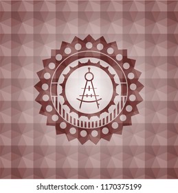 drawing compass icon inside red geometric pattern emblem. Seamless.