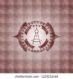 drawing compass icon inside red emblem or badge with abstract geometric polygonal pattern background. Seamless.