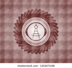 drawing compass icon inside red seamless emblem or badge with geometric pattern background.
