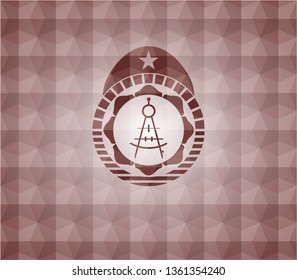 drawing compass icon inside red emblem with geometric pattern background. Seamless.