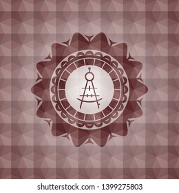 drawing compass icon inside red emblem with geometric pattern. Seamless.
