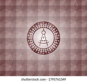 drawing compass icon inside red seamless badge with geometric pattern. 