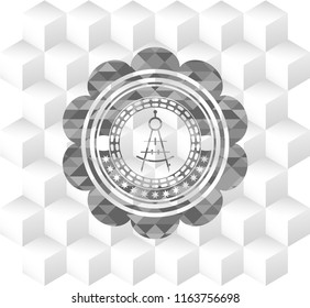 drawing compass icon inside retro style grey emblem with geometric cube white background