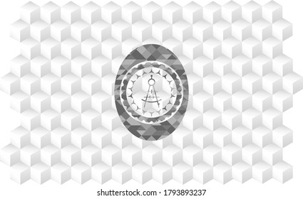 drawing compass icon inside retro style grey emblem with geometric cube white background. 