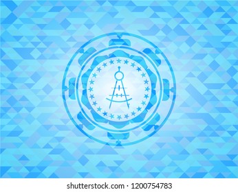 drawing compass icon inside sky blue emblem. Mosaic background