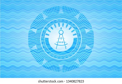 drawing compass icon inside sky blue water badge background.