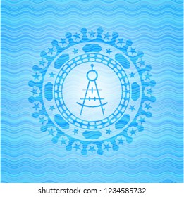 drawing compass icon inside water wave concept style badge.