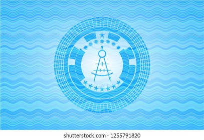 drawing compass icon inside water concept badge.