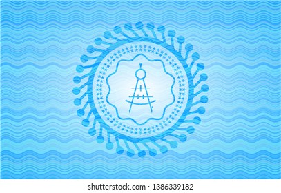 drawing compass icon inside water wave concept style badge.